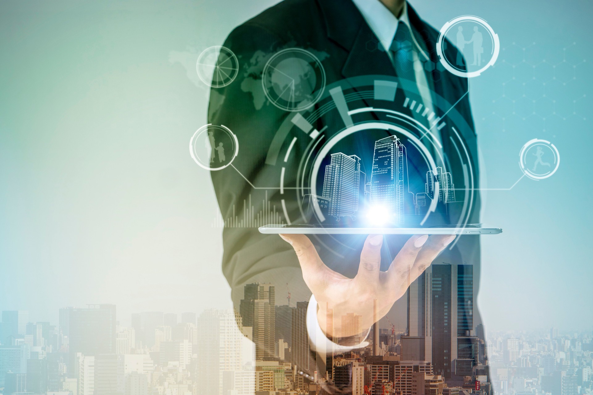 smart city and modern lifestyle concept, a man holding a tablet pc